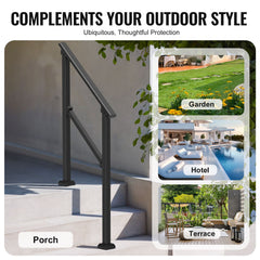 Handrails for Outdoor Steps, 2-3 Step Stair Hand Rail Kit, Transitional Carbon Steel Railings with Installation Kit, Stair Rails for Seniors, Concrete Steps & Porch & Deck, Black Square Tube