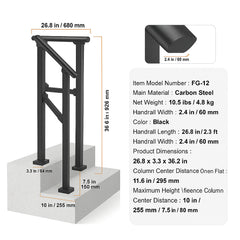 Handrails for Outdoor Steps, 1-2 Step Stair Hand Rail Kit, Transitional Carbon Steel Railings with Installation Kit, Stair Rails for Seniors, Concrete Steps & Porch & Deck, Black Square Tube