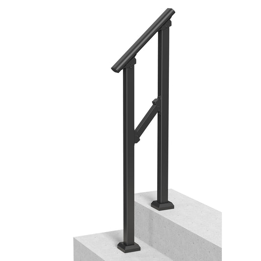 Handrails for Outdoor Steps, 1-2 Step Stair Hand Rail Kit, Transitional Carbon Steel Railings with Installation Kit, Stair Rails for Seniors, Concrete Steps & Porch & Deck, Black Square Tube