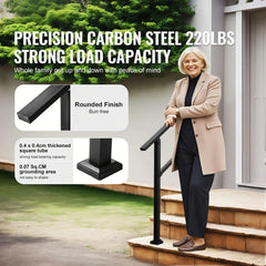 Outdoor Handrails for Steps, 2-3 Step Stair Rail Kit, Black Square Tube with Horizontal Bar, Carbon Steel Support Rails for Seniors, Concrete & Deck Stairs, Easy Installation