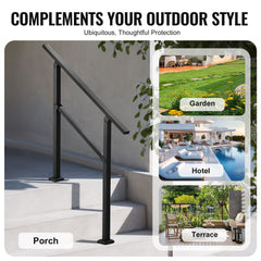 Outdoor Handrails for Steps, 2-3 Step Stair Rail Kit, Black Square Tube with Horizontal Bar, Carbon Steel Support Rails for Seniors, Concrete & Deck Stairs, Easy Installation