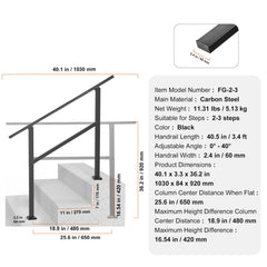 Outdoor Handrails for Steps, 2-3 Step Stair Rail Kit, Black Square Tube with Horizontal Bar, Carbon Steel Support Rails for Seniors, Concrete & Deck Stairs, Easy Installation