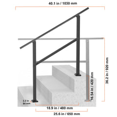 Outdoor Handrails for Steps, 2-3 Step Stair Rail Kit, Black Square Tube with Horizontal Bar, Carbon Steel Support Rails for Seniors, Concrete & Deck Stairs, Easy Installation
