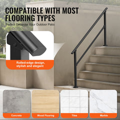 Handrails for Outdoor Steps, 5 Step Stair Hand Rail Kit, Transitional Carbon Steel Railings with Installation Kit, Stair Rails for Seniors, Concrete Steps & Porch & Deck, Black Square Tube