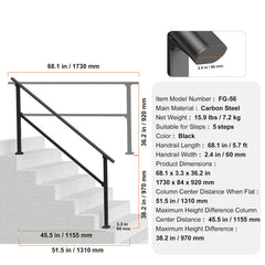 Handrails for Outdoor Steps, 5 Step Stair Hand Rail Kit, Transitional Carbon Steel Railings with Installation Kit, Stair Rails for Seniors, Concrete Steps & Porch & Deck, Black Square Tube