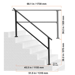 Handrails for Outdoor Steps, 5 Step Stair Hand Rail Kit, Transitional Carbon Steel Railings with Installation Kit, Stair Rails for Seniors, Concrete Steps & Porch & Deck, Black Square Tube