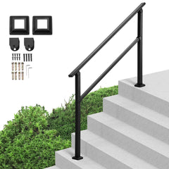 Outdoor Handrails for Steps, 4-5 Step Stair Rail Kit, Black Square Tube with Horizontal Bar, Carbon Steel Support Rails for Seniors, Concrete & Deck Stairs, Easy Installation