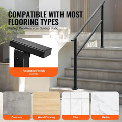 Outdoor Handrails for Steps, 4-5 Step Stair Rail Kit, Black Square Tube with Horizontal Bar, Carbon Steel Support Rails for Seniors, Concrete & Deck Stairs, Easy Installation