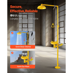 Emergency Shower Eye Wash Station, 34.25 x 15.75 x 91.73 Inch 304 Stainless Steel Eyewash and Shower Combination, OSHA-Approved First Aid Eye Wash Station, for Schools, Labs, Factories, Yellow