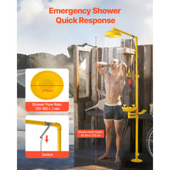 Emergency Shower Eye Wash Station, 34.25 x 15.75 x 91.73 Inch 304 Stainless Steel Eyewash and Shower Combination, OSHA-Approved First Aid Eye Wash Station, for Schools, Labs, Factories, Yellow