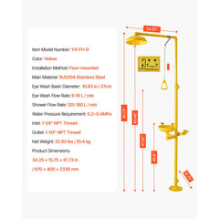 Emergency Shower Eye Wash Station, 34.25 x 15.75 x 91.73 Inch 304 Stainless Steel Eyewash and Shower Combination, OSHA-Approved First Aid Eye Wash Station, for Schools, Labs, Factories, Yellow