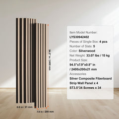 Wood Slat Acoustic Panels, 7.9 x 94.5 inch, MDF Accent Wooden Wall Panels for Modern Interior Wall Decor, Faux Wood Wall Board Panels for Noise Reduction, Silver Wood