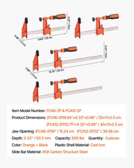Bar Clamps for Woodworking, 2-Pack 15.24 cm and 2-Pack 30.48 cm, Lockable F-Clamp with 272 kg Load Limit, 63.5 mm Depth, Cast Iron and Carbon Steel, Wood Clamps for Woodworking Metal Working