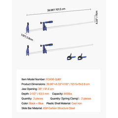 Bar Clamps for Woodworking, 2-Pack 91.4 cm Opening, Lockable F-Clamp with 272 kg Load Limit,63.5 mm Depth, Cast Iron and Carbon Steel, Easy to Use, Wood Clamps for Woodworking Metal Working
