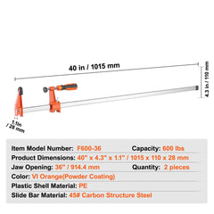 Bar Clamps for Woodworking, 2-Pack 914mm Clamp, Quick-Change F Clamp with 600 lbs Load Limit, 2.5" Throat Depth, Cast Iron and Carbon Steel, Wood Clamps for Woodworking Metal Working