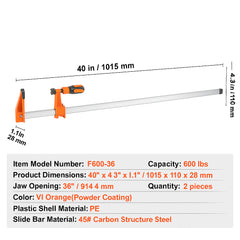 Bar Clamps for Woodworking, 2-Pack 914mm Clamp, Quick-Change F Clamp with 600 lbs Load Limit, 2.5" Throat Depth, Cast Iron and Carbon Steel, Wood Clamps for Woodworking Metal Working