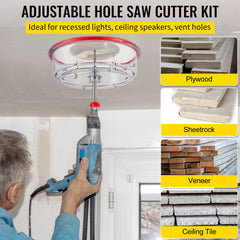 Adjustable Hole Saw Cutter Kit, 1-5/8\" to 11-13 /16\" (40-300 mm), Recessed Hole Saw with PC Dust Shield, Two Replaceable Pilot Drill Bits, for Recessed Lights, Ceiling Speakers, Vent Holes