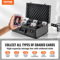 Graded Card Storage Box, 5 Slots, Graded Sports Cards Holder Carrying Case with Coded Lock Foam Dividers, for 162 PSA Graded Cards 115 BGS Cards 130 SGC Cards 585 Top Loaders or 999+ Loose Cards