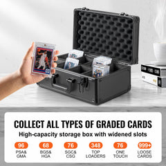 Graded Card Storage Box, 4 Slots, Graded Sports Cards Holder Carrying Case with Key Lock Foam Dividers, for 96 PSA Graded Cards 68 BGS Cards 76 SGC Cards 348 Top Loaders or 999+ Loose Cards