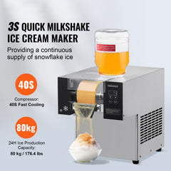 Commercial Snowflake Ice Machine, 176.4LBS/24H Snowflake Ice Maker, Stainless Steel Ice Shaver Machine, Electric Snow Cone Maker, Air Cooling System for Rapid Heat Dissipation, for Bakery, Cafe