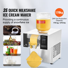 Commercial Snowflake Ice Machine, 375LBS/24H Snowflake Ice Maker, Stainless Steel Ice Shaver Machine, Electric Snow Cone Maker, Air Cooling System for Rapid Heat Dissipation, for Bakery, Cafe