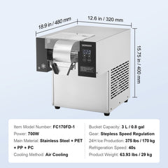 Commercial Snowflake Ice Machine, 375LBS/24H Snowflake Ice Maker, Stainless Steel Ice Shaver Machine, Electric Snow Cone Maker, Air Cooling System for Rapid Heat Dissipation, for Bakery, Cafe