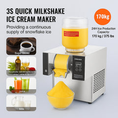 Commercial Snowflake Ice Machine, 375LBS/24H Snowflake Ice Maker, Stainless Steel Ice Shaver Machine, Electric Snow Cone Maker, Air Cooling System for Rapid Heat Dissipation, for Bakery, Cafe