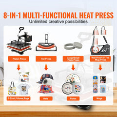 1400W Heat Press Machine 8 In 1 Sublimation Steel Frame Heat Presses with Temperature And Time Control (12X15INCH 8IN1)