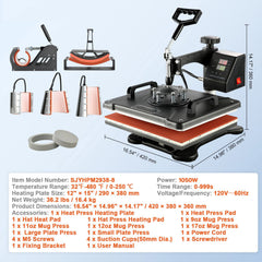 1400W Heat Press Machine 8 In 1 Sublimation Steel Frame Heat Presses with Temperature And Time Control (12X15INCH 8IN1)