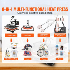 1400W Heat Press Machine 8 In 1 Sublimation Steel Frame Heat Presses with Temperature And Time Control (12X15INCH 8IN1)