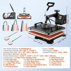 1400W Heat Press Machine 8 In 1 Sublimation Steel Frame Heat Presses with Temperature And Time Control (12X15INCH 8IN1)