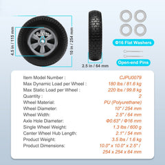 Solid PU Run-Flat Tire Wheel, 254 mm, 2-Pack, 81.6 kg Dynamic Load, 99.8 kg Static Load, Flat Free Tubeless Tires and Wheels for Hand Truck, Utility Cart, Dollies, Garden Trailers, Various Carts