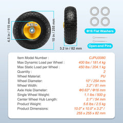 Solid PU Run-Flat Tire Wheel, 254 mm, 2-Pack, 181.4 kg Dynamic Load, 204.1 kg Static Load, Flat Free Tubeless Tires and Wheels for Hand Truck, Utility Cart, Dolly, Garden Trailer, Various Carts
