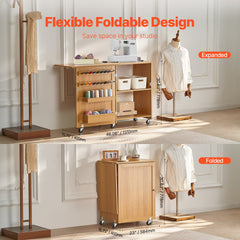 Folding Sewing Table with Lockable Wheels Shelves Trays Door Wood Color