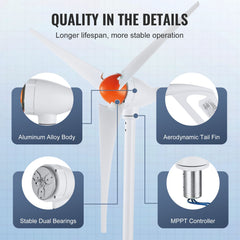 500W Wind Turbine Generator, 12V Wind Turbine Kit, 3-Blade Wind Power Generator with Anemometer, MPPT Controller & Adjustable Windward Direction, Suitable for Home, Farm, RVs, Boats