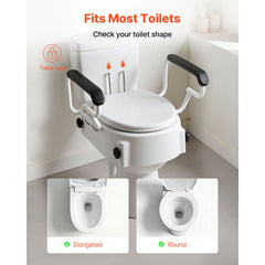 Raised Toilet Seat with Arms, 136.1 kg Load Capacity, 3-Level Adjustable Height, Widened Commode Elevated Toilet Seat Riser with Padded Handles for Seniors, Elderly, Handicap, Disabled, Adults