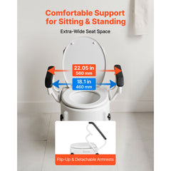 Raised Toilet Seat with Arms, 136.1 kg Load Capacity, 3-Level Adjustable Height, Widened Commode Elevated Toilet Seat Riser with Padded Handles for Seniors, Elderly, Handicap, Disabled, Adults