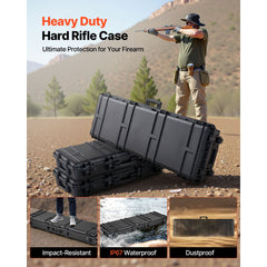 Hard Rifle Case, Lockable Rifle Case with Pre-cut Foams, 1320 mm Gun Storage with Wheels, Heavy Duty IP67 Waterproof & Dustproof Pistol Storage Cases for Rifles, Shotguns, Airsoft Guns, Black