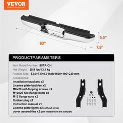 Rear Step Bumper Chrome Steel Bumper Assembly for 1995-2004-Toyota Tacoma