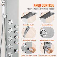 Shower Panel System, 4 Shower Modes Shower Panel Tower, Rainfall, Waterfall, 5 Full Body Massage Jets and 3-Setting Handheld Shower Head with 59" Hose, Stainless Steel Wall-Mounted Shower Set