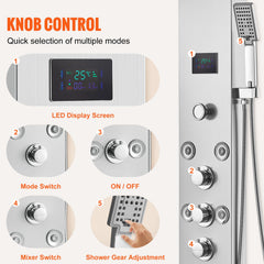 Shower Panel System, 6 Shower Modes, LED & Screen Hydroelectricity Shower Panel Tower, Rainfall, Waterfall, 8 Massage Jets, Tub Spout, Handheld Shower, Stainless Steel Wall-Mounted Shower Set