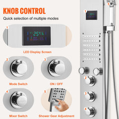 Shower Panel System, 6 Shower Modes, LED & Screen Hydroelectricity Shower Panel Tower, Rainfall, Waterfall, 5 Massage Jets, Tub Spout, Handheld Shower, Stainless Steel Wall-Mounted Shower Set