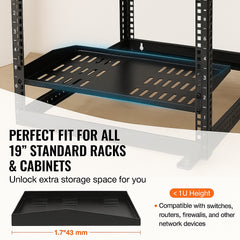 2PCS 1U Server Rack Shelf, 254mm Depth, 22.68kg Max Load Capacity Vented Cantilever or Wall Mount Rack Mount Shelf with Tray, Good Air Circulation for 482.6mm Network Cabinet or Equipment Rack