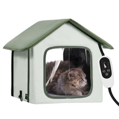 Elevated Heated Cat House, Outdoor Kitty Shelter with Timer, 600D Oxford Cloth Foldable Cat Shelter with Heated Pad for Winter to Stay Warm and Cozy, Green (Small)