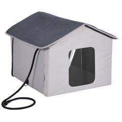 Heated Cat House, Outdoor Kitty Shelter with Timer, 600D Oxford Cloth Foldable Cat Shelter with Heated Pad for Winter to Stay Warm and Cozy, Gray (Middle)