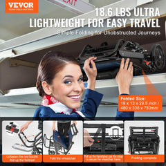 Wheelchair, Aluminum Alloy Ultra-Lightweight Transport Chair for Adults, Foldable Cabin Wheelchair with Flip-Back Desk-Length Arms, Self-locking Brake, 15.75-Inch Wide Seat, 220lbs Load