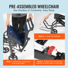 Wheelchair, Aluminum Alloy Ultra-Lightweight Transport Chair for Adults, Foldable Cabin Wheelchair with Flip-Back Desk-Length Arms, Self-locking Brake, 15.75-Inch Wide Seat, 220lbs Load