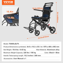 Wheelchair, Aluminum Alloy Ultra-Lightweight Transport Chair for Adults, Foldable Cabin Wheelchair with Flip-Back Desk-Length Arms, Self-locking Brake, 15.75-Inch Wide Seat, 220lbs Load