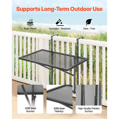 Balcony Hanging Table, 610 x 410 mm Metal Folding Balcony Railing Table, Outdoor Balcony Bar Table for Railings, 5-Level Adjustable, Fit Railing from 1" to 4.7", Serving Table for Patio & Deck