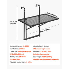 Balcony Hanging Table, 610 x 410 mm Metal Folding Balcony Railing Table, Outdoor Balcony Bar Table for Railings, 5-Level Adjustable, Fit Railing from 1" to 4.7", Serving Table for Patio & Deck